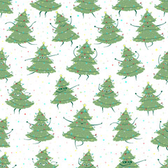 Seamless pattern with kawaii doodle Christmas tree dancing. Children's handmade naive style. Simple New Year character happy spruce for festive packaging and textiles.