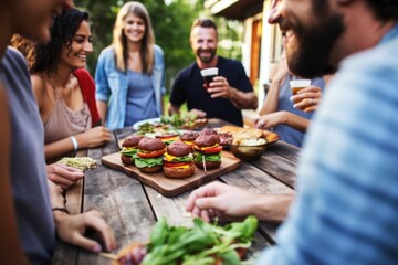 group of friends sharing grilled veggie burgers at a party