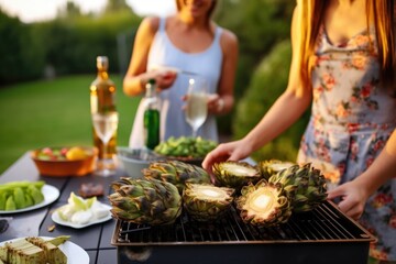 bbq party with lady grilling artichokes