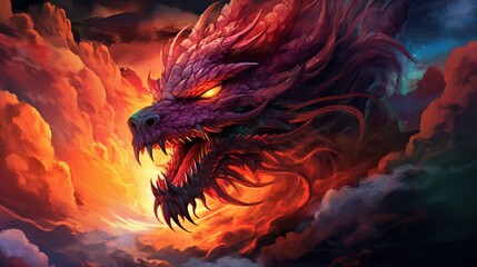 A majestic dragon is flying through fiery clouds