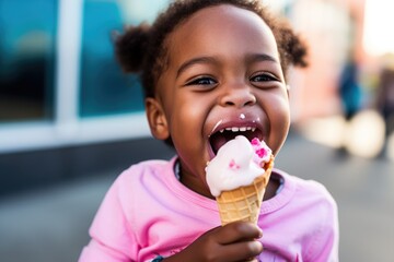 child licking a dripping ice cream cone - obrazy, fototapety, plakaty