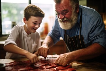 boy assisting his father in marinating steak - Powered by Adobe