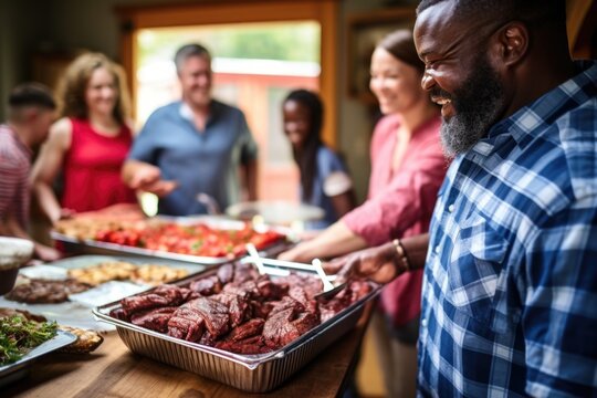 man serving ribs at a family potluck