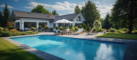 Backyard of an elegant house with swimming pool, blue sky in the background - obrazy, fototapety, plakaty