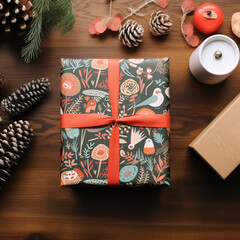 a Christmas gift wrapped in hygge pattern Christmas paper, Top view on wood background
