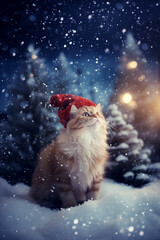 A cute cat wearing in red Christmas Santa Claus hat in snow falling sky scene. Winter Landscape. Christmas Holidays. Christmas gift Card design