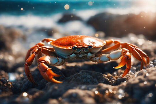 Crab. Crab on the rocks near the seashore. Selective focus. AI generated