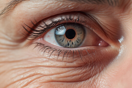 realistic macro hazel eye close up older woman with hooded eye and wrinkles
