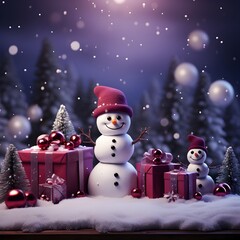 Fototapeta premium Merry Christmas banner with blank space for text, purple background, Snowman, gift boxes, red and green ornaments, fir tree branches, snow falling. Square picture. Ai Generated.NO.03