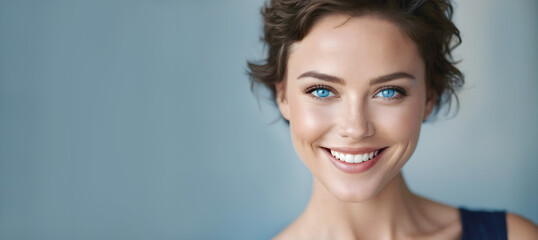 Portrait of beautiful young short haired brunette woman with blue eyes smiling, white teeth, studio shot, beauty and skin products. Copy space for Ads. - obrazy, fototapety, plakaty