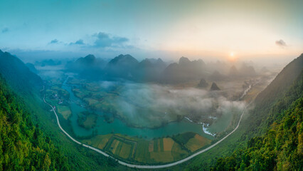 Scenery of Ngoc Con mountain, Cao Bang province, Vietnam filled with mist in the early morning
