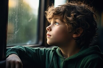 A lonely but thoughtful boy looks out of a train window during the day, thinking about life and dreams.