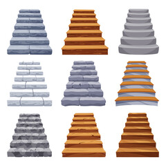 Game castle stairs in cartoon style. Medieval ancient ladder flights without railings, wood or marble step treads and rock risers with cracked details.Vector staircase isolated on white background