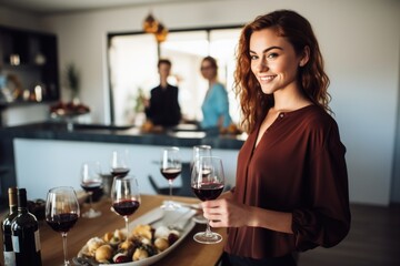 a girl serving wine to her guests at home - obrazy, fototapety, plakaty