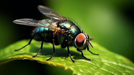 A small housefly on a green leaf is being photographed with extreme close-ups.