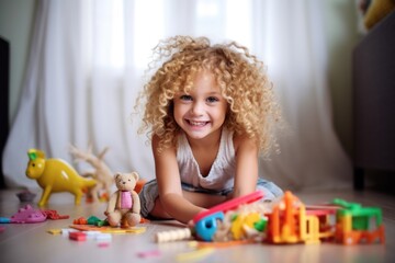 Fototapeta na wymiar girl with curly blonde hair playing with toys