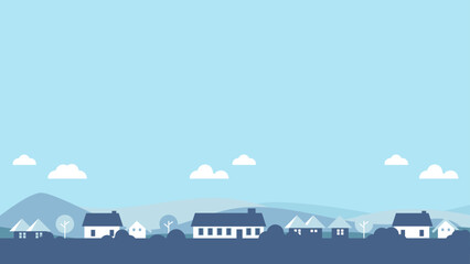 Vector building skyline bakground illustration of a landscape with clouds and house