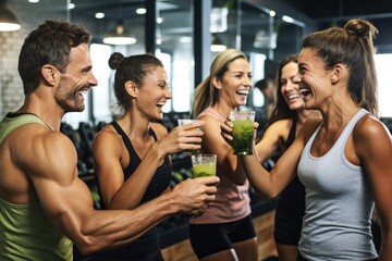 friends toasting with kale smoothies at fitness club