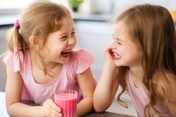 Obraz na płótnie Canvas two girls giggling while sipping on pink smoothies