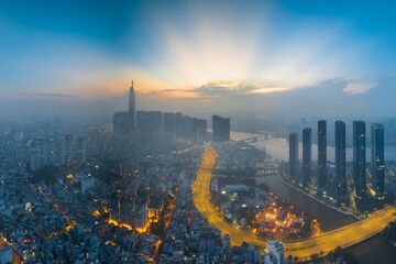 August 23, 2023: Panorama of District 1, Ho Chi Minh City in the early morning - obrazy, fototapety, plakaty