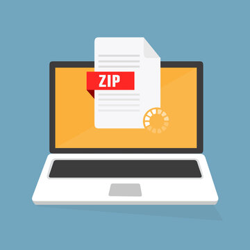 Laptop e scaricare file ZIP, documento di file ZIP sullo schermo. Scarica il disegno   del pulsante zip e l'illustrazione. - illustrazioni 