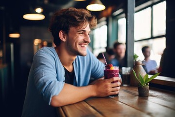 young man enjoying a berry smoothie in a restaurant