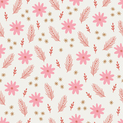 Christmas seamless pattern with flowers, snowflakes, fir branches. Vector illustration