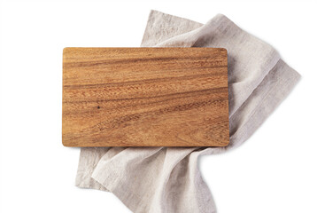 Wooden board on natural linen napkin isolated on white background