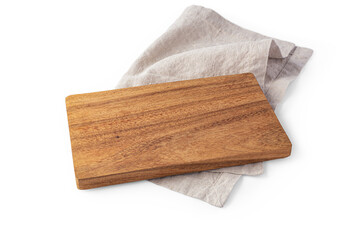 Wood board on natural linen napkin isolated on white background