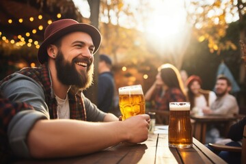 a person enjoying wheat beer in a beer garden