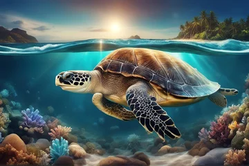 Foto auf Alu-Dibond Turtle. Big beautiful sea turtle. Selective focus. AI generated © Alex Puhovoy