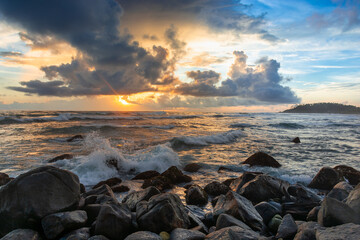 Beautiful sunset on the Indian Ocean coast on the island of Sri Lanka, Mirissa.