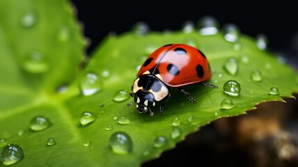 Obraz premium A ladybug has been observed crawling on a wet green leaf.