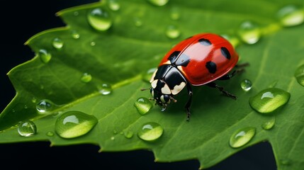 A ladybug has been observed crawling on a wet green leaf.