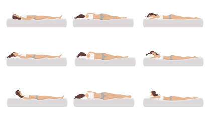 Correct and incorrect sleeping body posture. Healthy sleeping position spine in various mattresses and pillow. Caring for health of back, neck. Comparative vector illustration