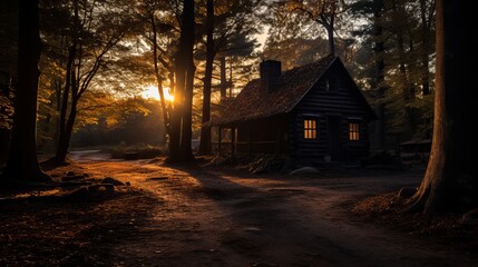 An abandoned hut in a spooky forest is illuminated by sunset.