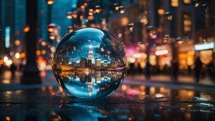 breathtaking view of a city skyline captured inside perfectly spherical bubble