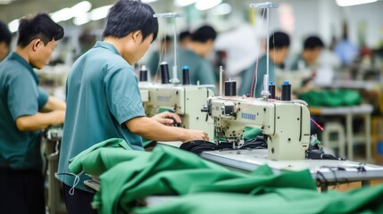 Focused young Asian man tailor with appearance sews things from natural fabric using sewing machine at clothes making factory. Handwork and sewing with help of mechanism.