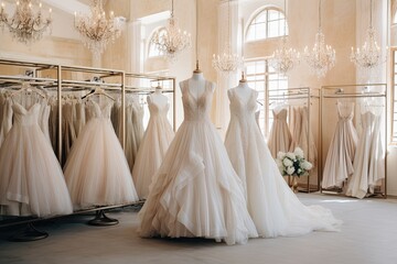 Fototapeta na wymiar In a stylish bridal boutique, white and ivory wedding dresses showcase elegance and beauty in a luminous setting.