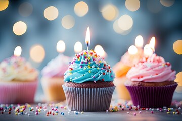 Delicious cupcakes with colorful frosting, a burning candle, and festive decorations on a bright background.