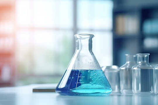 Scientific laboratory with chemical equipment, flasks, and glassware for research and experiments in blue.