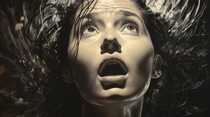 A mesmerizing art piece showcasing a fierce and raw portrait of a woman, with her mouth agape in wonder and vulnerability