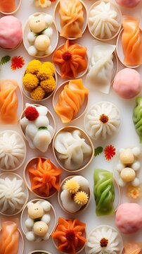 Close-up image showcasing an assortment of dim sum, highlighting the delicate folds, vibrant colors, and intricate details against a white backdrop, background image, generative AI