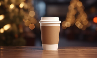 A paper coffee cup mockup on a wooden table on a blurred background of Christmas lights. Mock-up for design. Blank template.