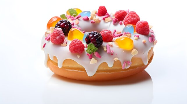 An image that highlights the close-up details of a donut adorned with fruity toppings, background image, generative AI