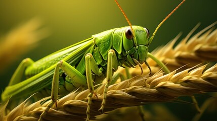 Green locust nibbles wheat spikelet, macro, selective focus. - obrazy, fototapety, plakaty