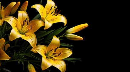 Beautiful yellow lilies on a black background, close-up, copy space.