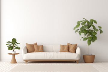A simple white living room with a sofa and decorative plants.