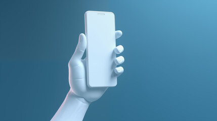 3d render mannequin hands holding smart phone gadget, electronic device concept, isolated on blue background, minimal modern design. Remote control with touchscreen, user experience - obrazy, fototapety, plakaty