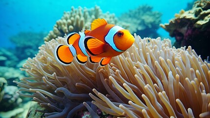 Fototapeta na wymiar A colorful reef is home to vibrant clown fish.